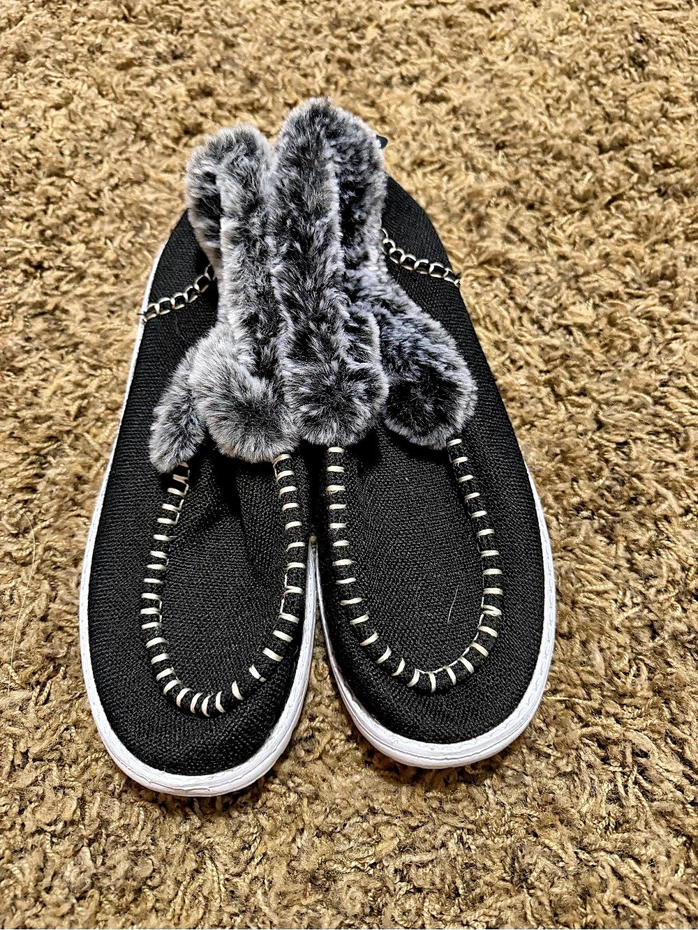 Faux Fur Trim Slippers in Black & Gray Like New
